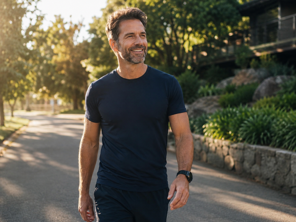 Man over 40 walking outdoors to improve blood flow and male performance naturally